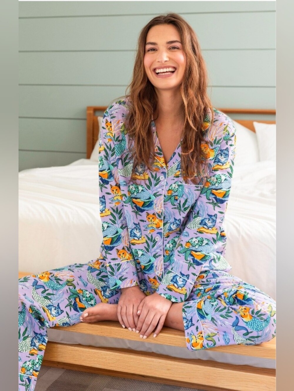NWOT Printfresh Meowing Mermaids Long PJ Set In Lavender, Size Small